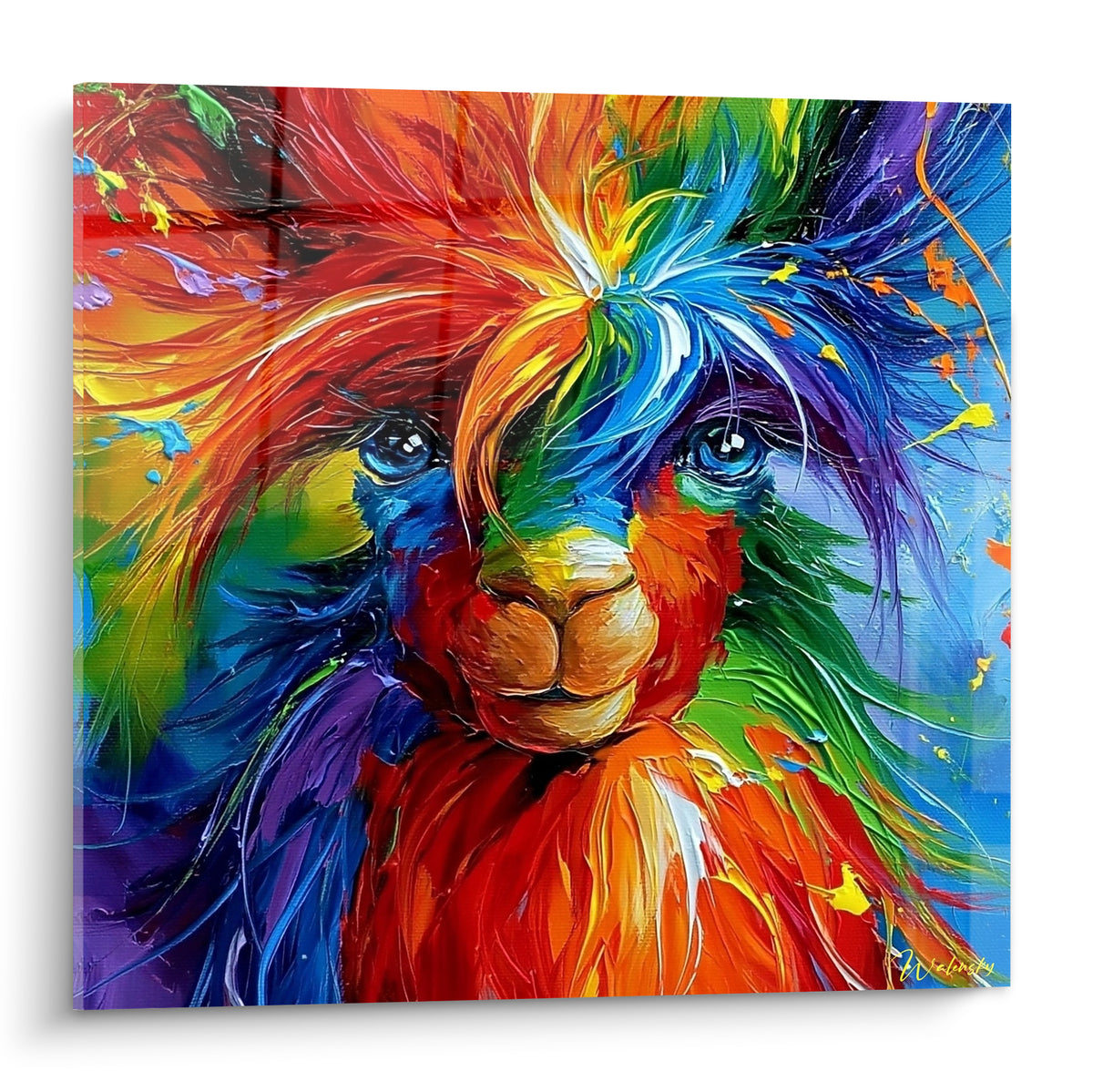 Alpaga peint en rouge, bleu et orangé, visage expressif aux touches picturales vibrantes et épaisses