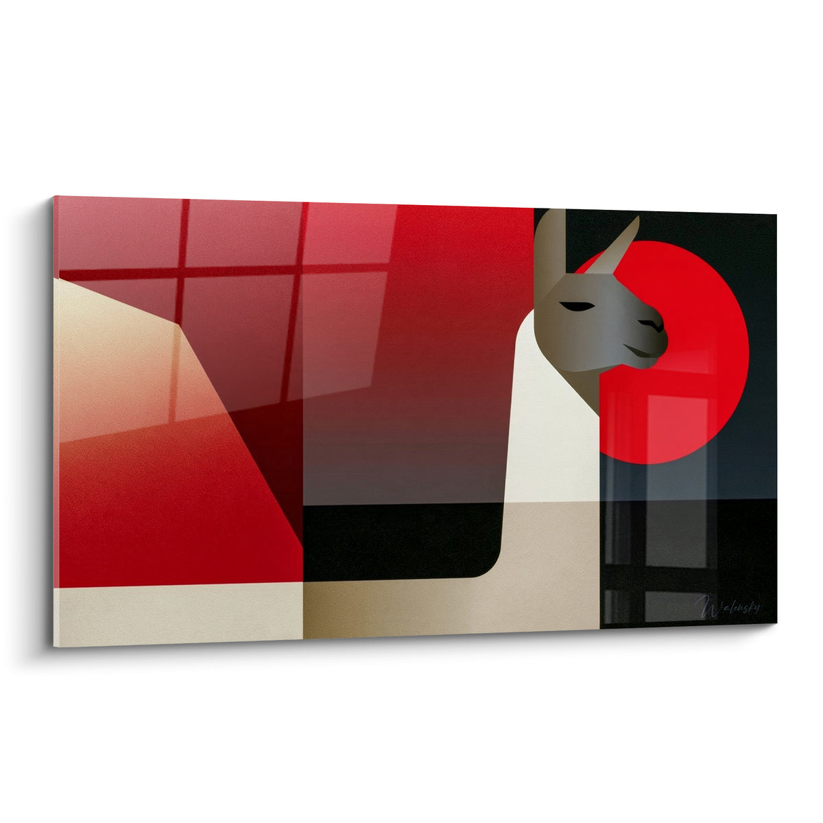 Alpaga stylisé gris devant un disque rouge, composition géométrique beige et anthracite