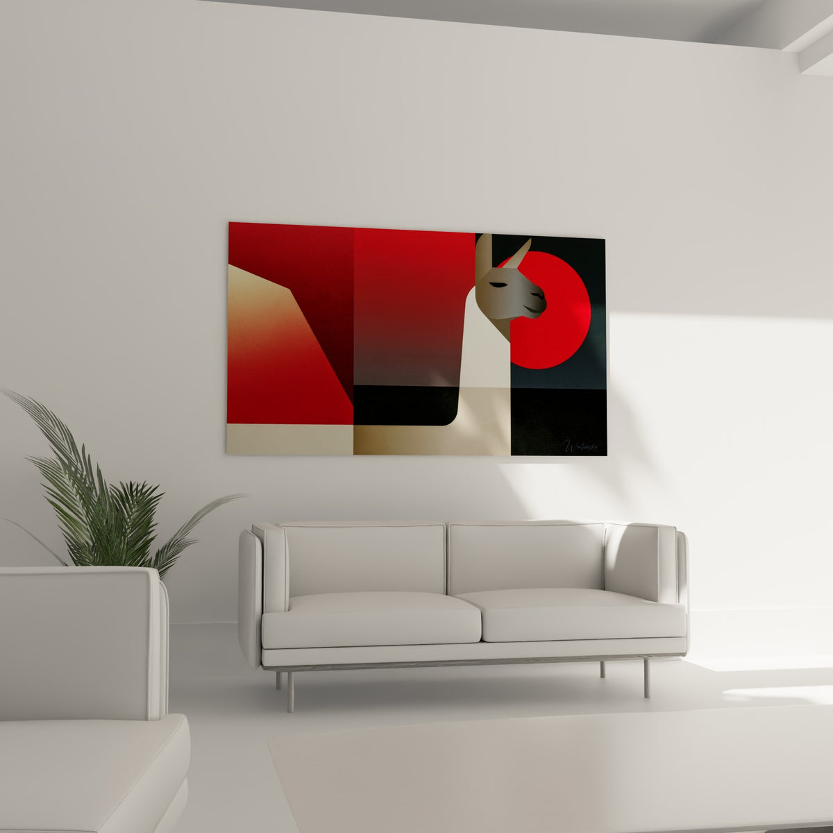 Silhouette d'alpaga anthracite sur fond rouge écarlate, au-dessus d'un canapé dans un salon lumineux
