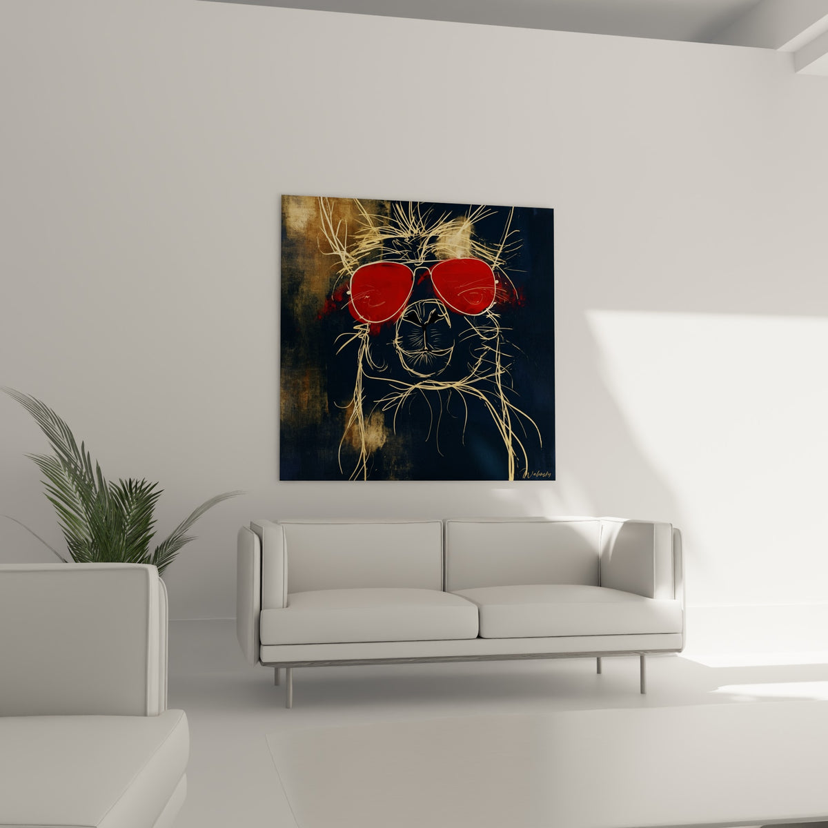 Silhouette dorée d'alpaga et verres rouges au-dessus d'un canapé dans un salon lumineux