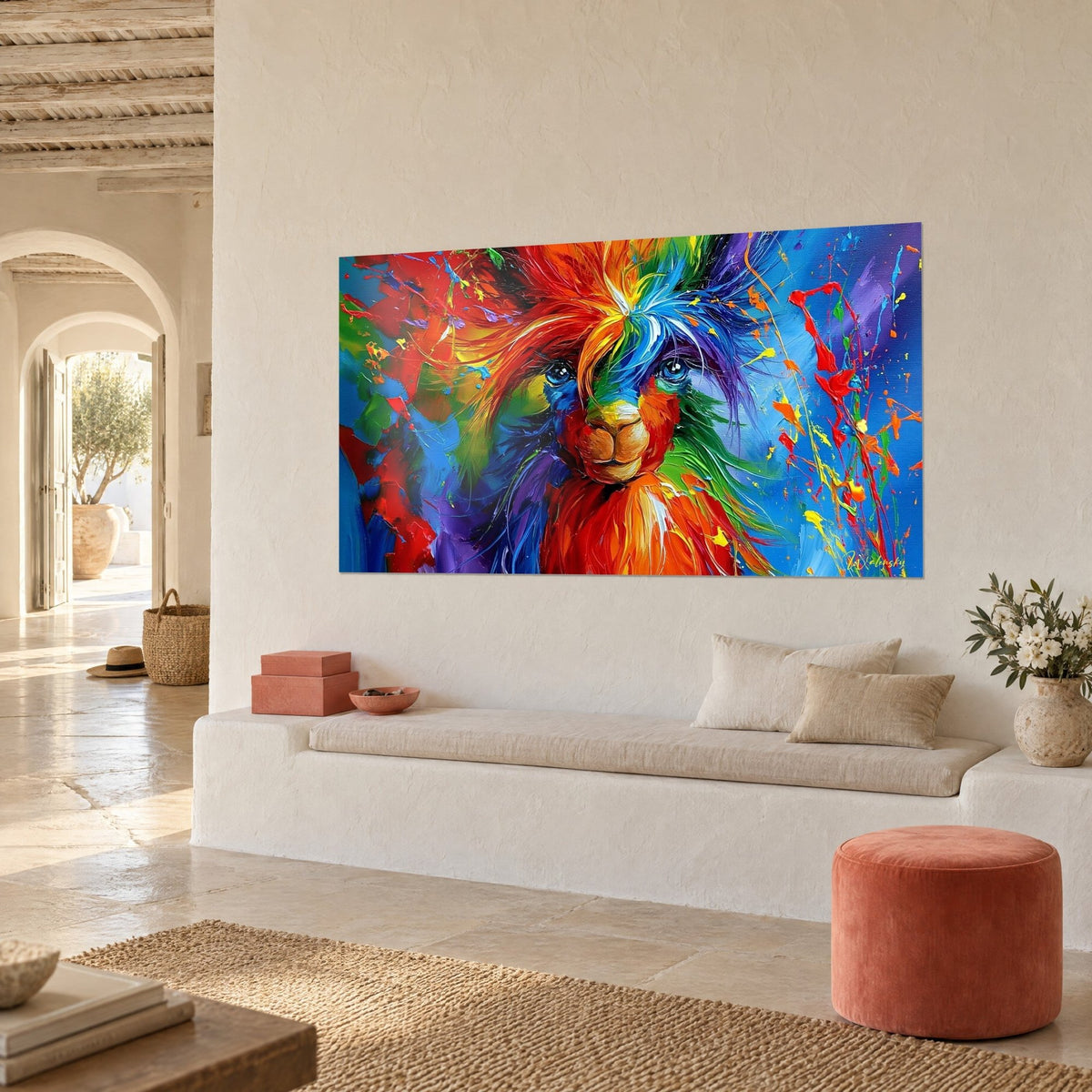 Tableau lama flamboyant aux mèches orange et violettes, fond bleu éclaboussé, près d'une banquette blanche et d'un pouf corail