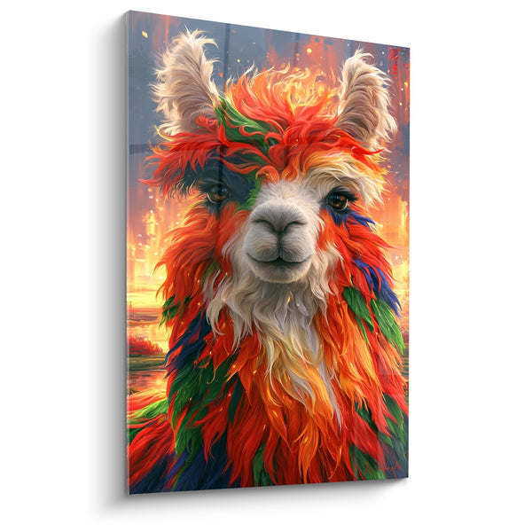 Tableau Alpaga blanc pelage rouge et vert flamboyant - Feu intérieur - Edition Alpaga