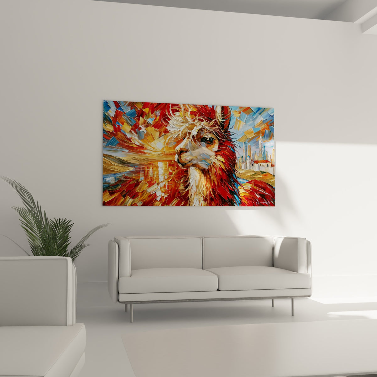 Alpaga terracotta et bleu pastel à la fourrure texturée, au-dessus d'un canapé dans un salon lumineux