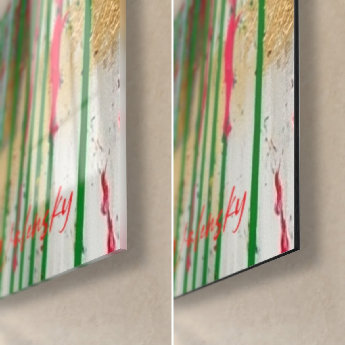 Tableau camélidé aux gouttes vertes et rouges, coin bas droit : verre brillant à gauche, Dibond mat noir à droite