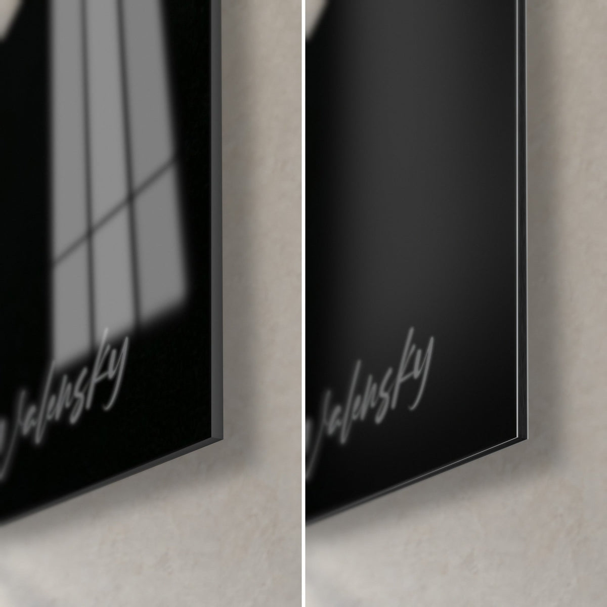 Tableau alpaga blanc et noir, coin bas droit : verre acrylique brillant à gauche, alu Dibond mat à droite, tranche de 3 mm