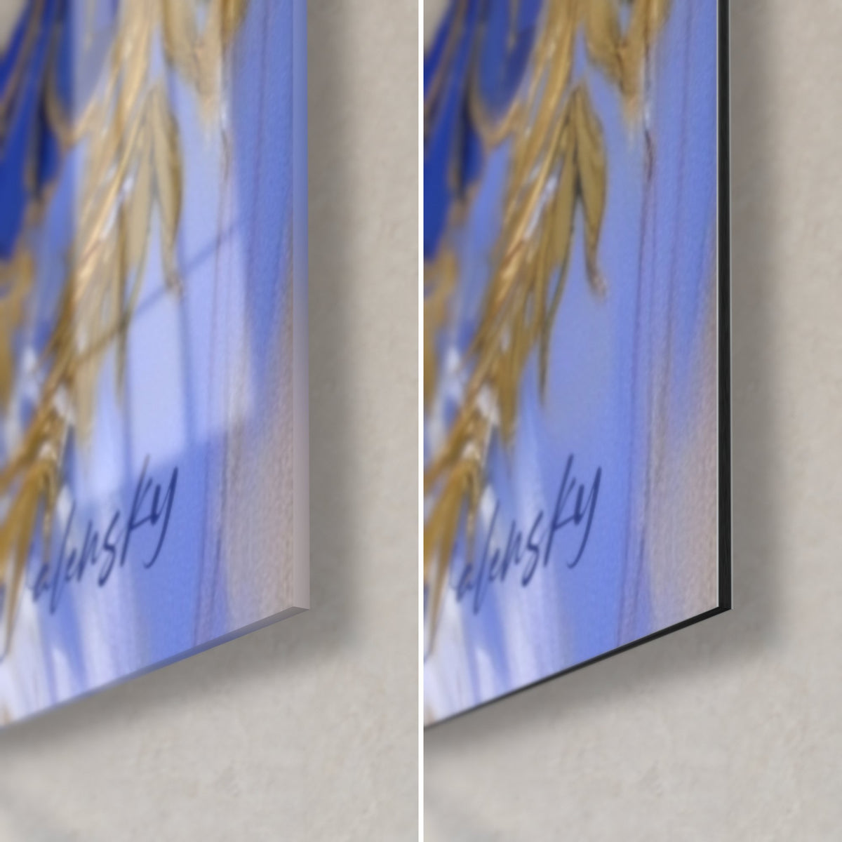 Wall art of an ivory llama with ultramarine flowers, bottom right corner: glossy acrylic glass on the left, matte Dibond on the right, 3 mm thickness