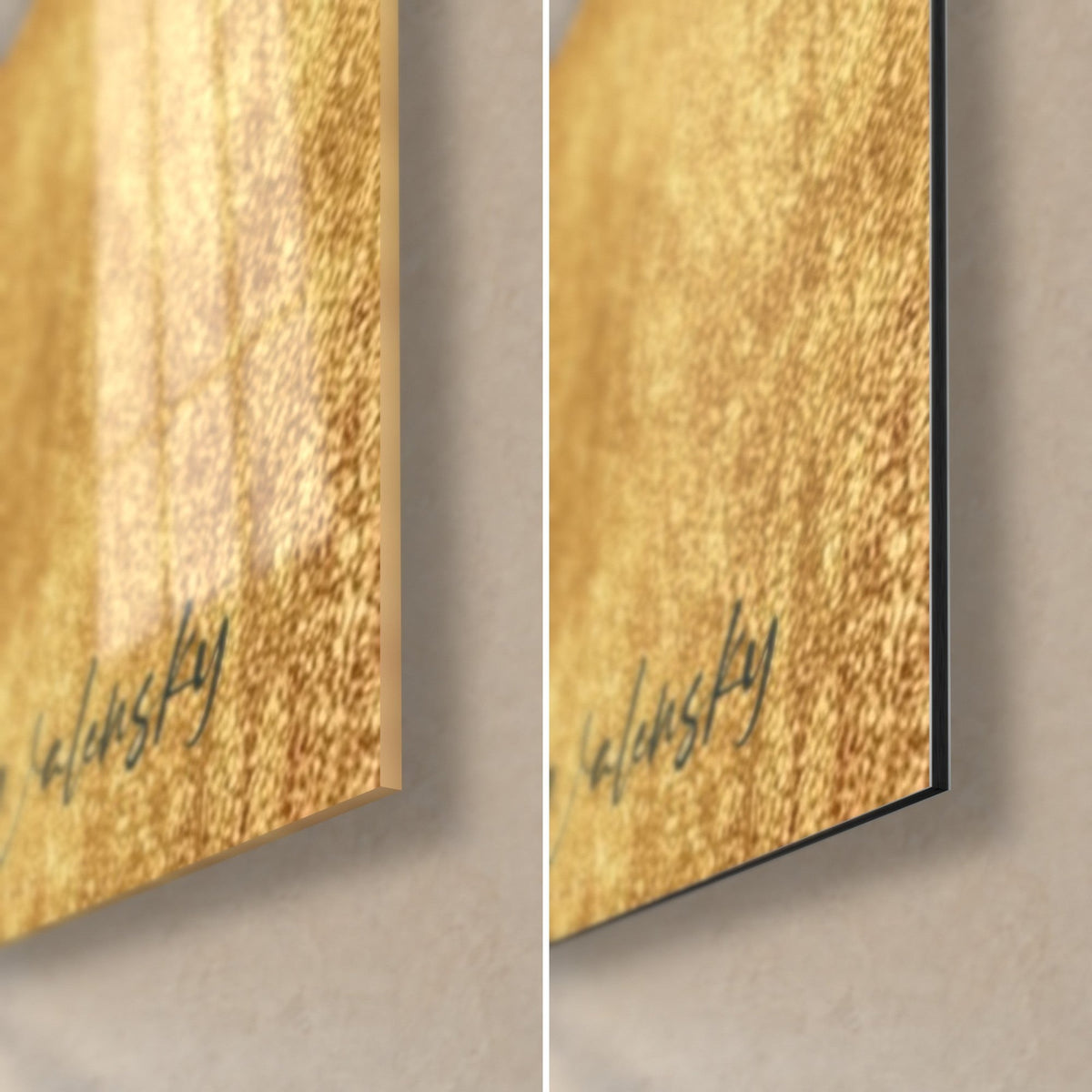 Gemälde Alpaka weiß, goldene Signatur unten rechts, Walensky, glänzendes Acrylglas links, mattschwarzes Dibond rechts