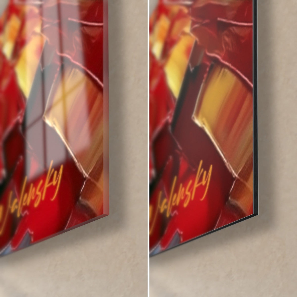 Tableau alpaga rouge et doré, coin bas droit en verre acrylique brillant et alu Dibond mat, tranche de 3 mm et signature Walensky