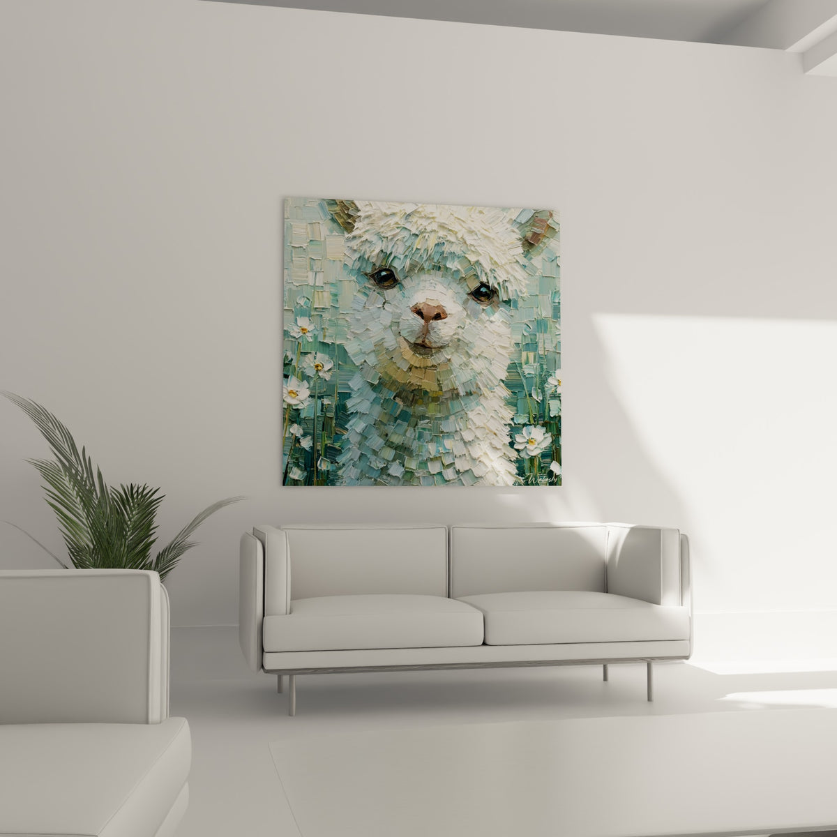 Visage d'alpaga blanc et vert sauge parmi les fleurs, au-dessus d'un canapé dans un salon lumineux