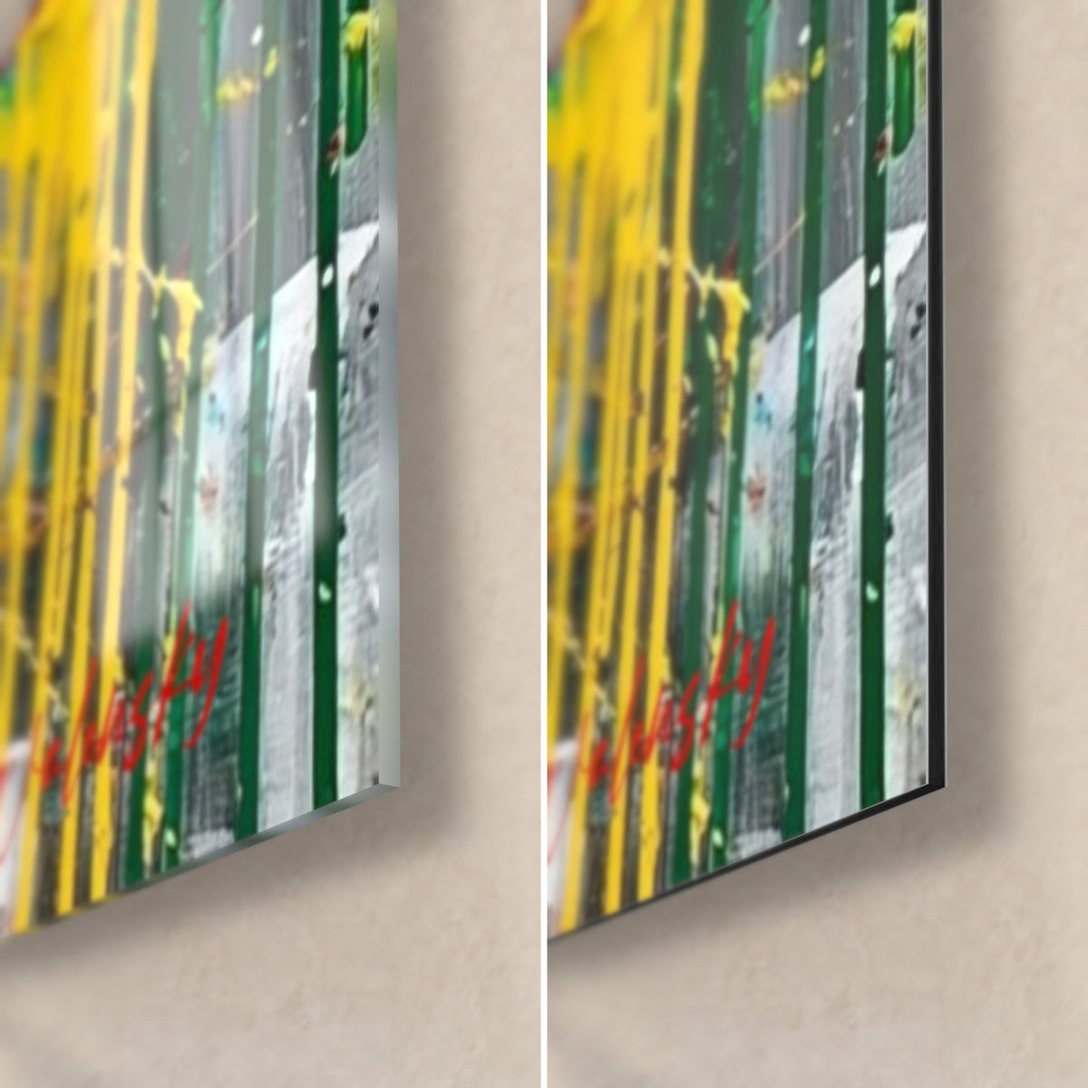 Tableau alpaga éclaboussé de jaune et de vert, coin bas droit en verre acrylique brillant et alu Dibond mat, tranche de 3 mm visible