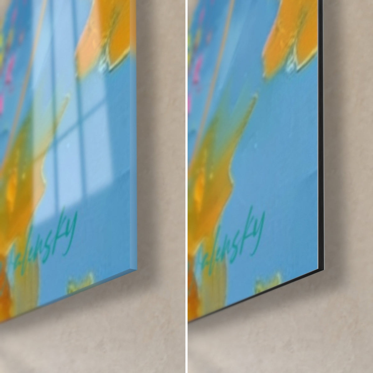 Tableau alpaga coloré, coin bas droit : verre acrylique brillant et reflets à gauche, alu Dibond mat à droite, tranche de 3 mm noire