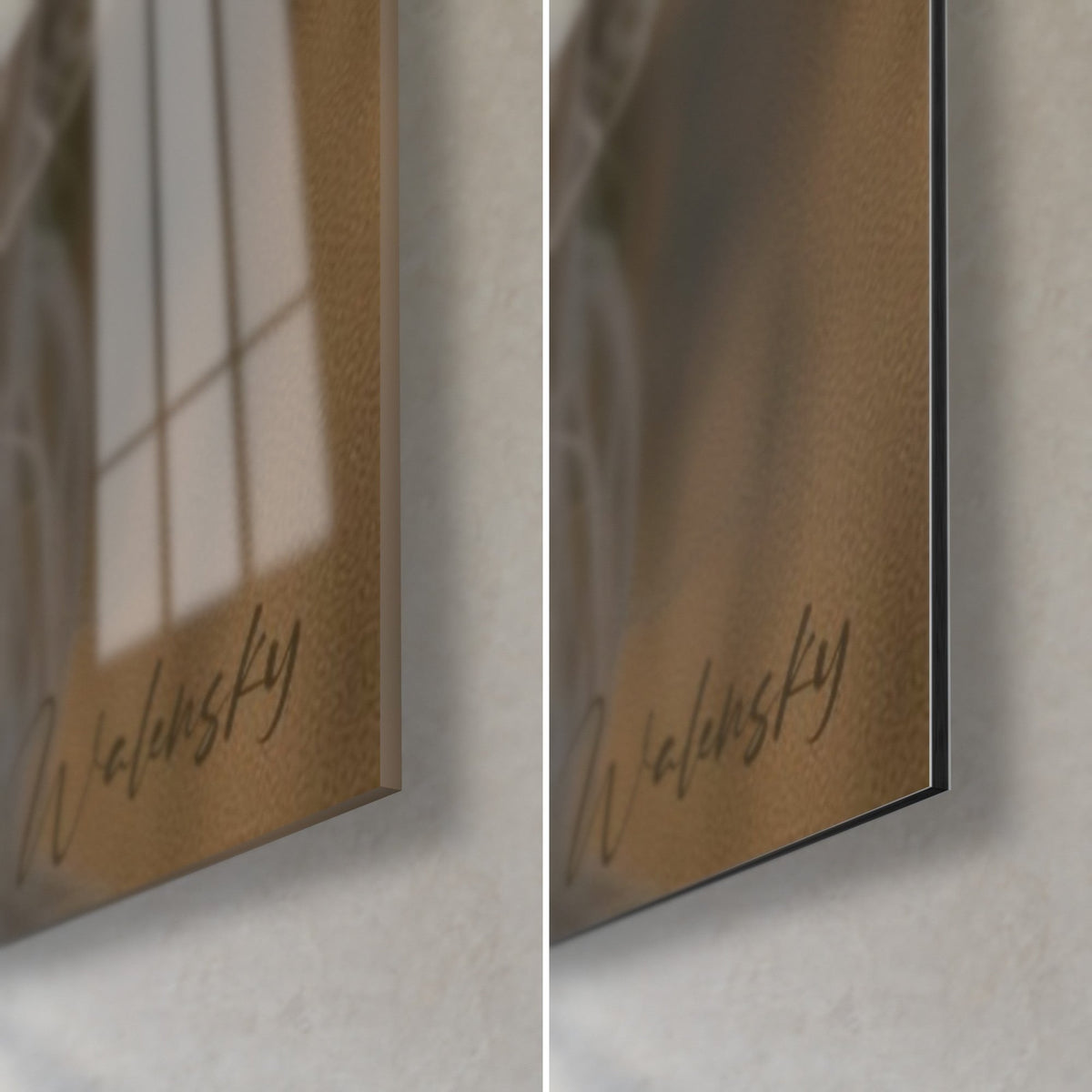 Cuadro de alpaca crema, esquina inferior derecha en cristal acrílico brillante y aluminio Dibond mate marrón dorado, canto de 3 mm y firma Walensky