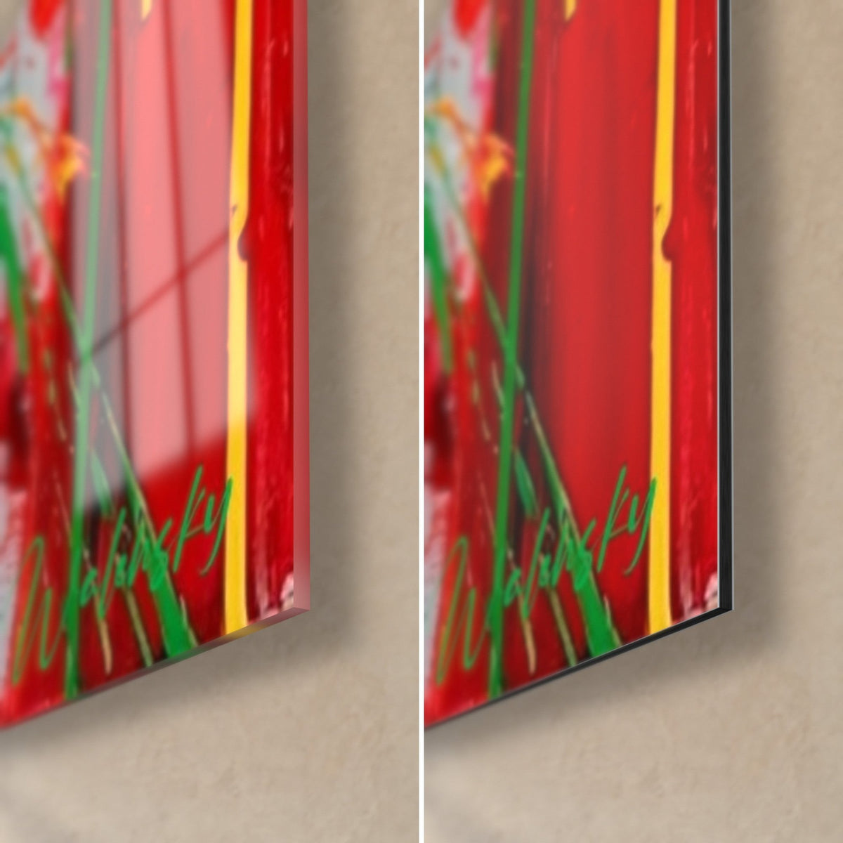 Tableau tête d'alpaga, coin bas droit : verre acrylique brillant à gauche, alu Dibond mat à droite, rouge et jaune, tranche de 3 mm