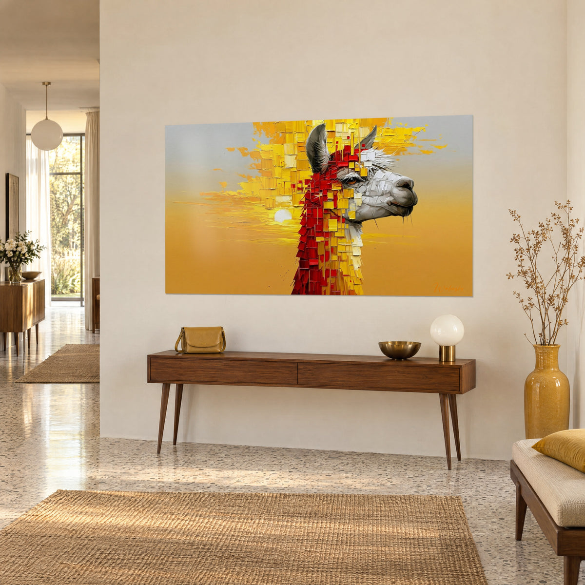 Cuadro camélido con hocico gris esculpido con espátula, cuello de esquirlas carmesí y oro sobre fondo ocre, vista de tres cuartos, consola de madera