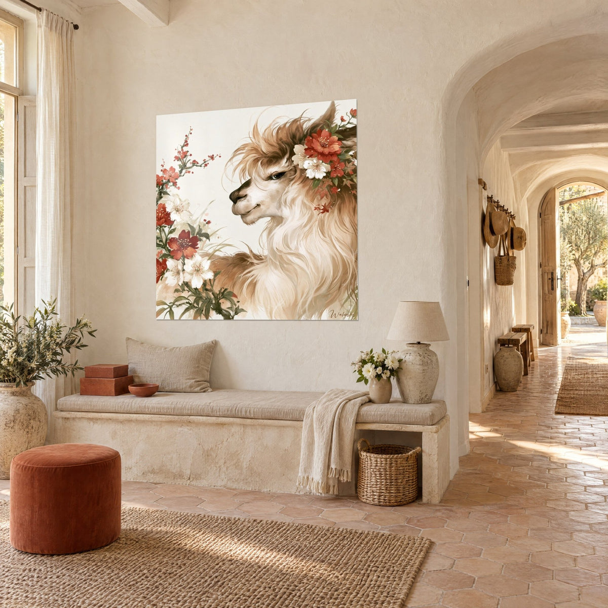 Quadro di lama di profilo dal vello beige ondulato, rami di ciliegio in rosso e bianco, casolare provenzale in vista di tre quarti
