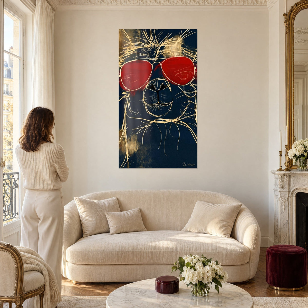 Tableau alpaga aux lunettes aviateur rouges, fond bleu marine et traits dorés, femme de dos au-dessus d'un canapé dans un salon lumineux