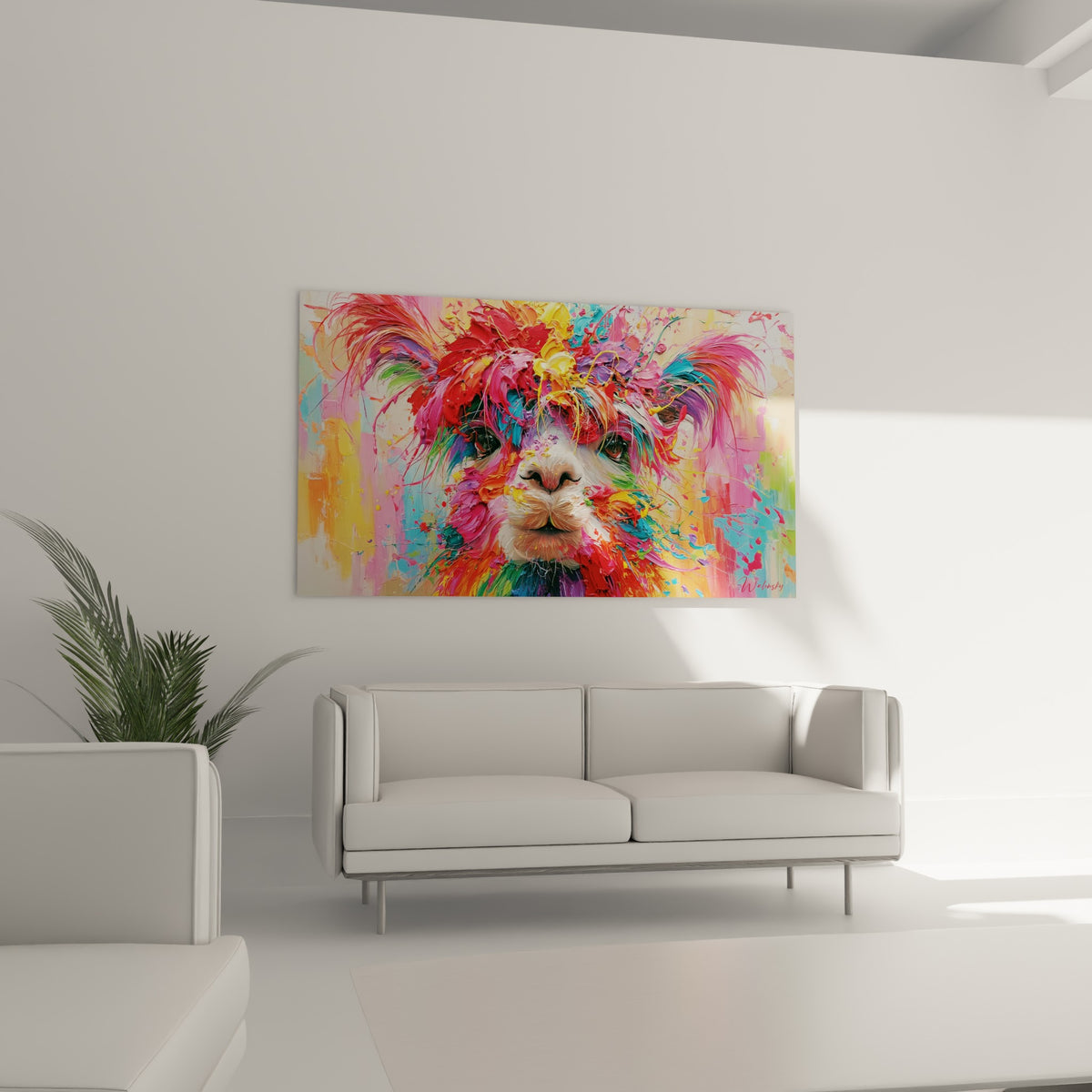 Visage d'alpaga explosé de couleurs rose et vert émeraude, suspendu au-dessus d'un canapé dans un salon lumineux