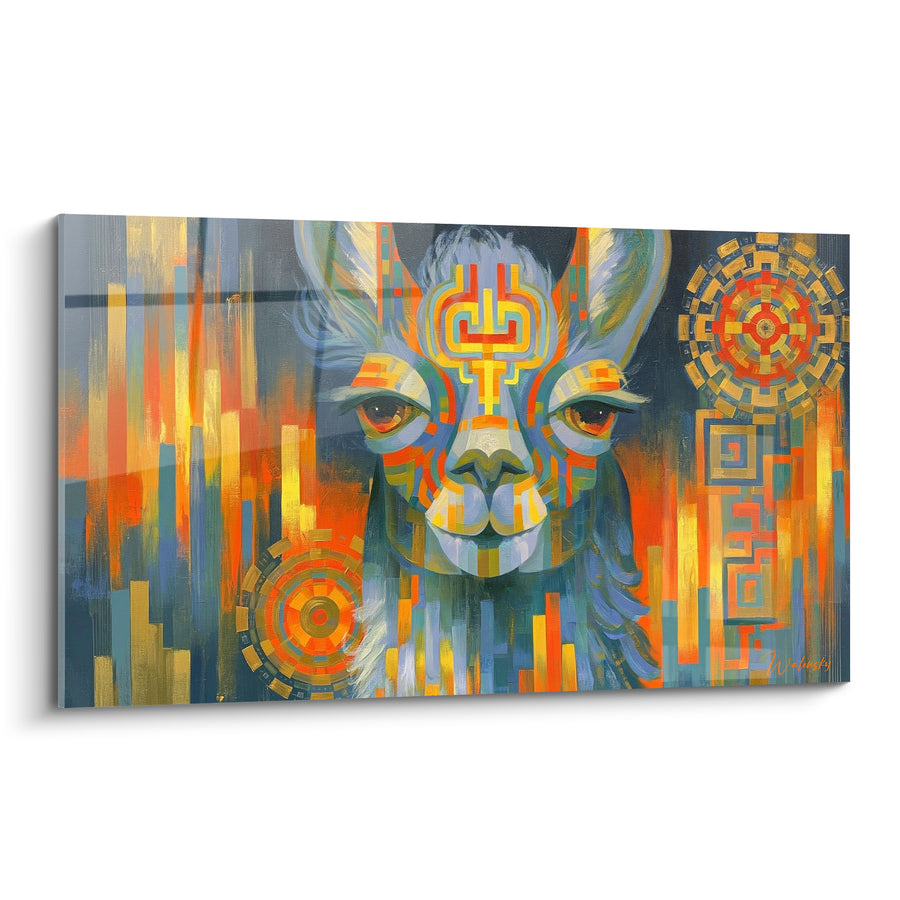 Tableau Alpaga aux motifs incas bleu et orange - Gardien des Andes - Edition Alpaga