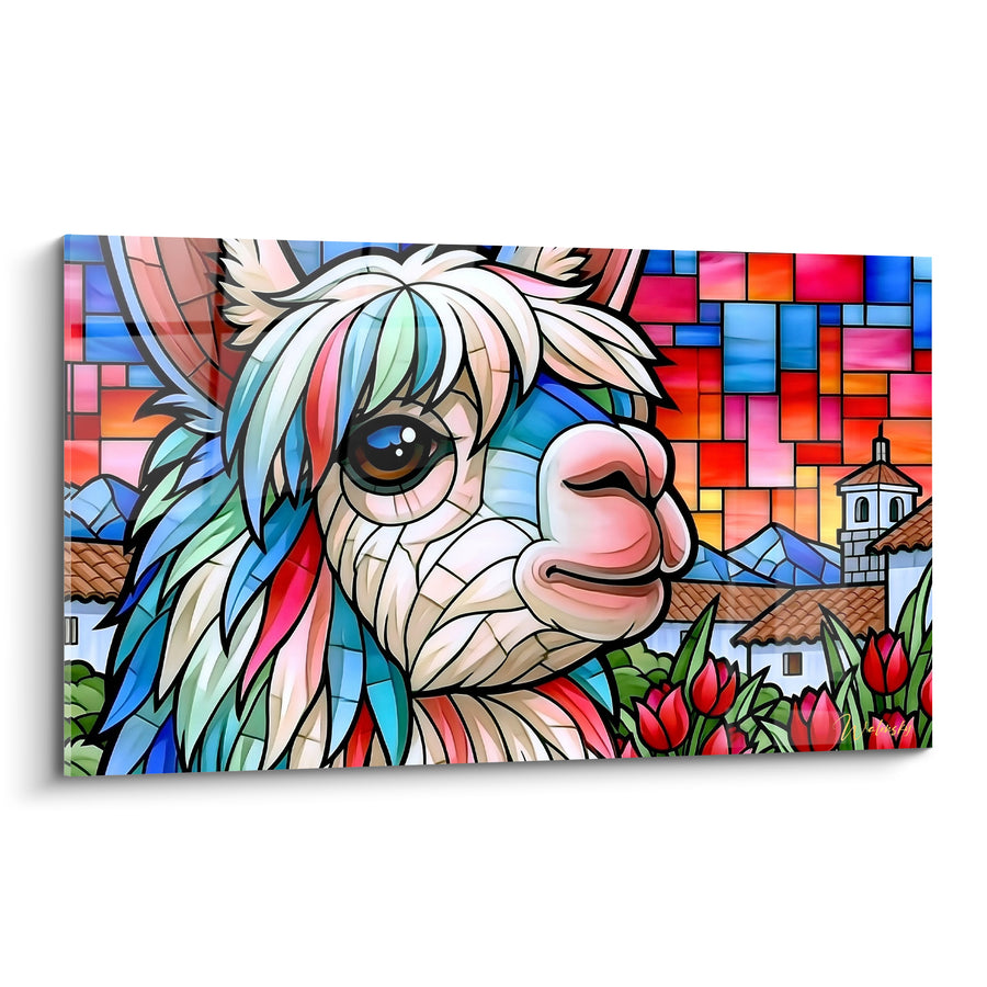 Tableau Alpaga vitrail aux mèches bleues et roses - Éclats de vitrail andin - Edition Alpaga