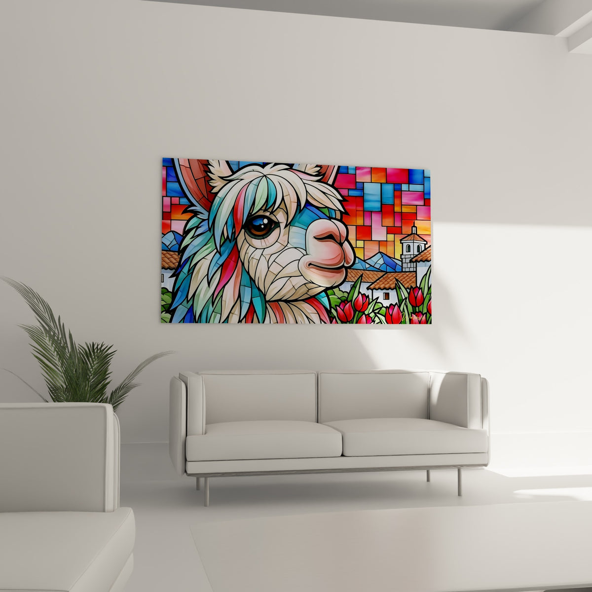 Visage d'alpaga stylisé vitrail bleu et orange, tulipes rouges, au-dessus d'un canapé dans un salon lumineux