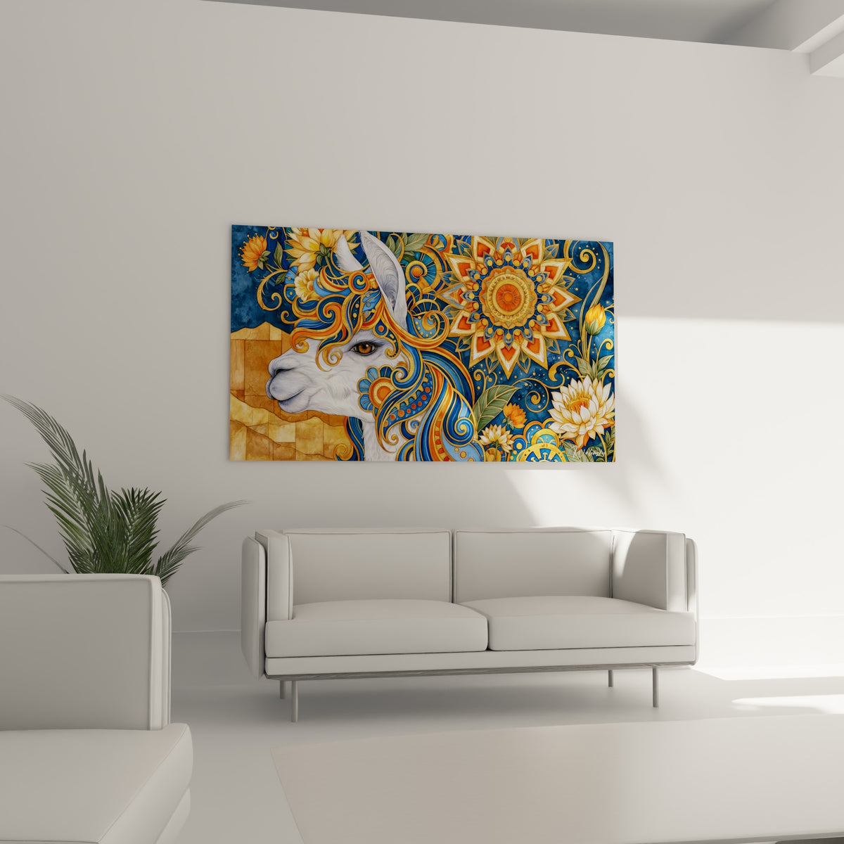 Tête d'alpaga blanche ornée d'arabesques orange et bleues, au-dessus d'un canapé dans un salon lumineux