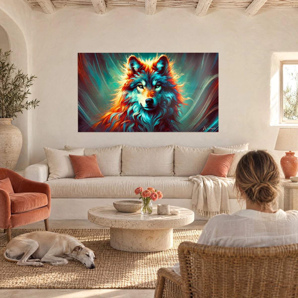Cuadro de un lobo de pelaje naranja y turquesa, mirada clara, frente a una mujer y su galgo, sobre un sofá en un salón luminoso