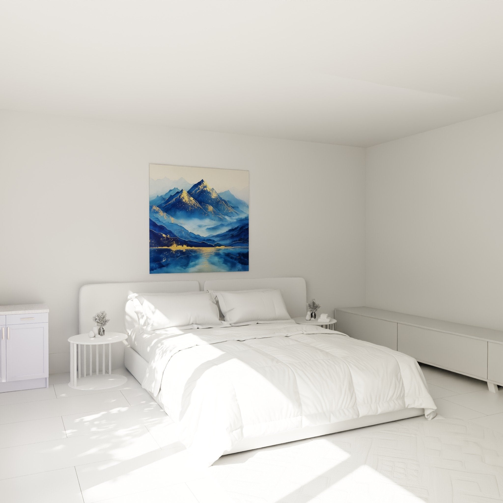 Blue and gold mountain landscape wall art in modern bedroom feng shui decoration