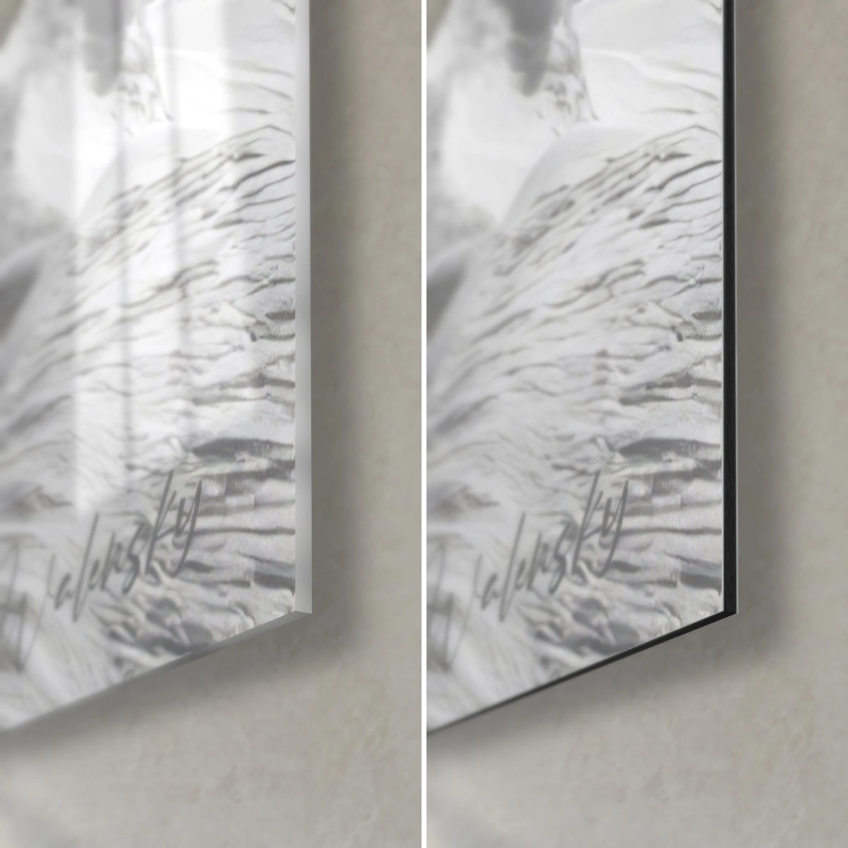 Gemälde einer Seilschaft in Schwarzweiß, untere rechte Ecke: glänzendes Acrylglas mit Spiegelungen, mattes graues Dibond, 3 mm Kante