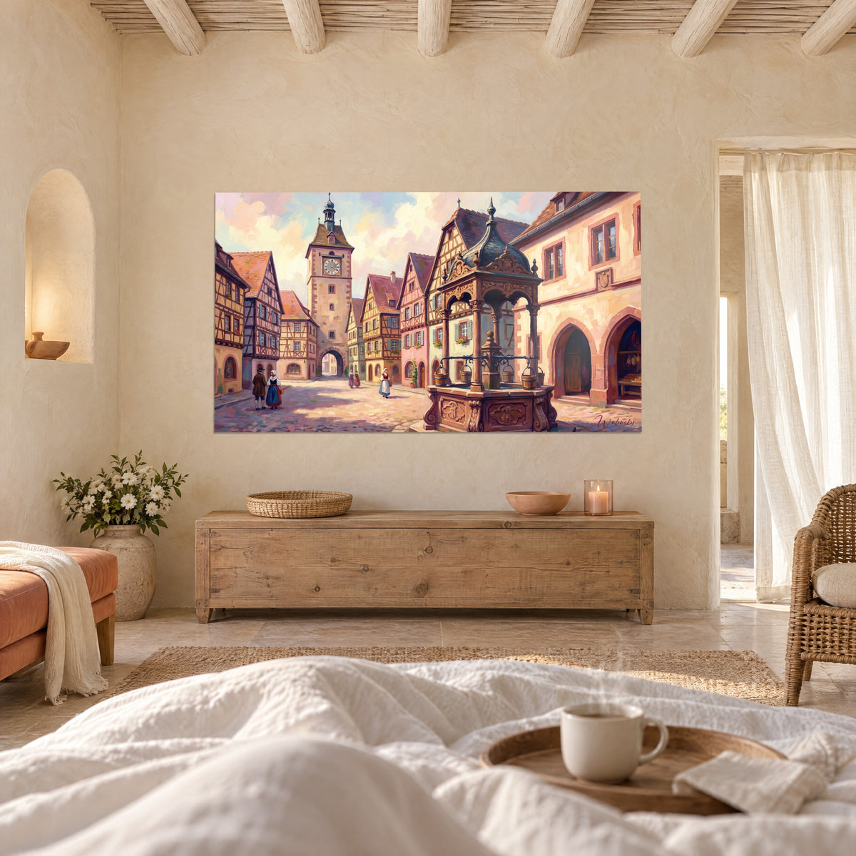 Gemälde gepflasterte elsässische Straße mit Fachwerkhäusern, pastellfarbener rosa und blauer Himmel, über einem Bett in einem hellen Schlafzimmer