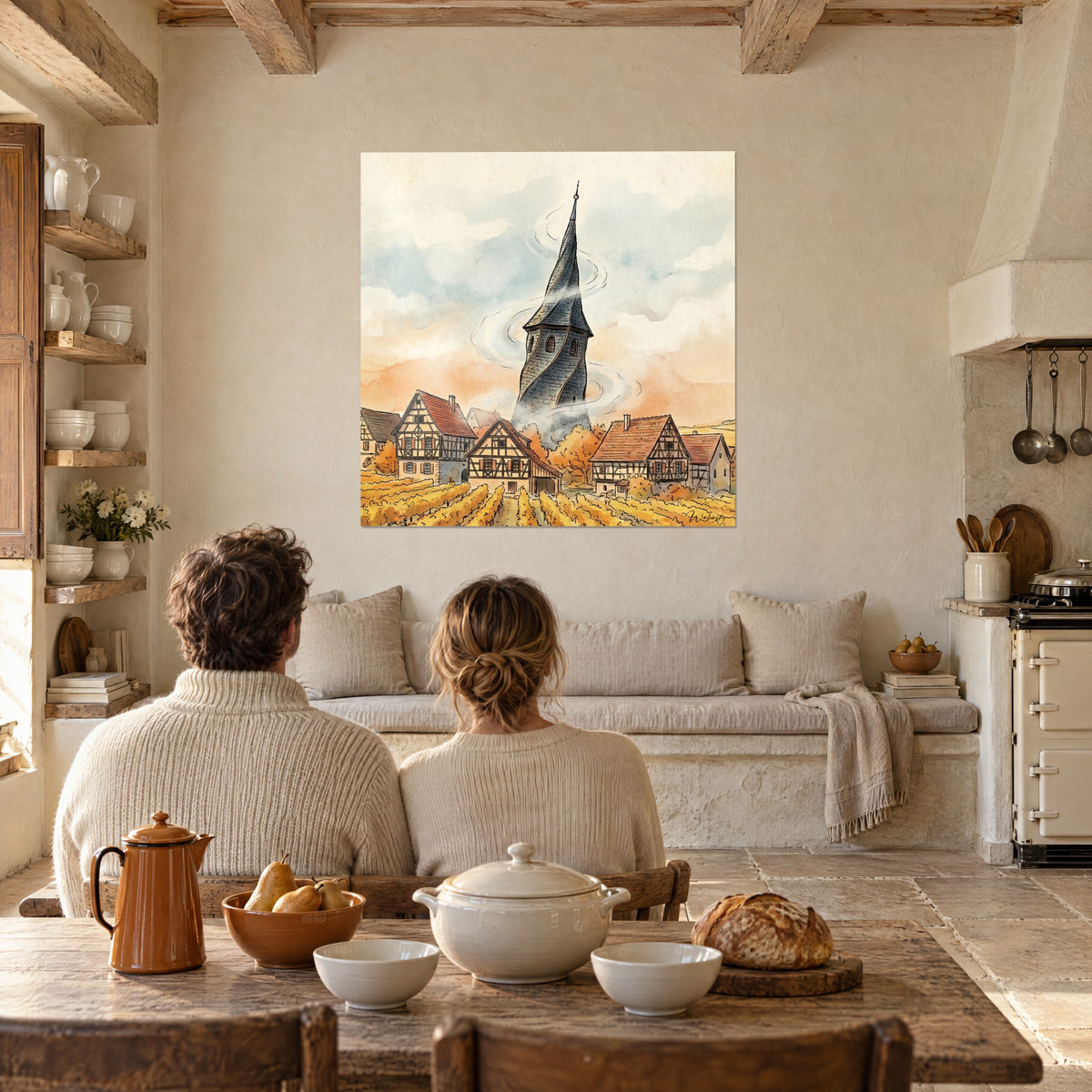 Cuadro casas de entramado de madera y tejados óxido, campanario de pizarra gris azulado en remolino, dos personas de espaldas a la mesa, cocina de piedra