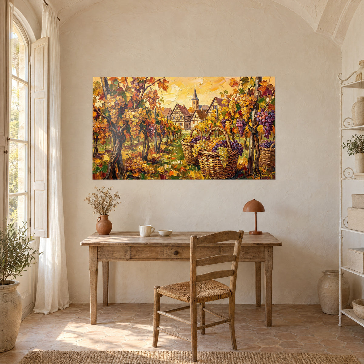 Wall art harvest landscape, copper-toned vine leaves, saffron-yellow sky, above a light wood desk