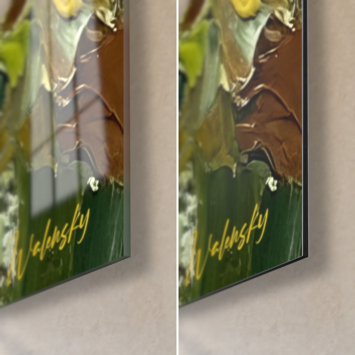 Quadro con spesso rilievo di pittura verde scuro e marrone ruggine, spessore di 3 mm visibile tra la finitura in vetro lucido e l'alluminio Dibond opaco