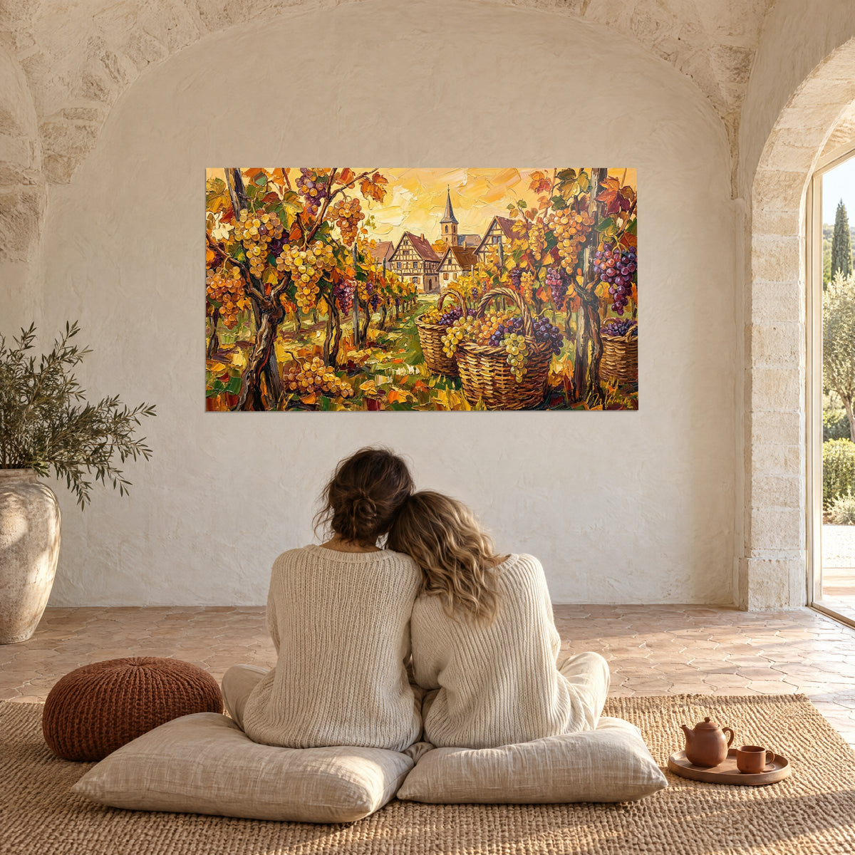 Wall art autumn vineyard hills, amber and plum grapes, a couple from behind embracing on cushions, vaulted sexy lounge