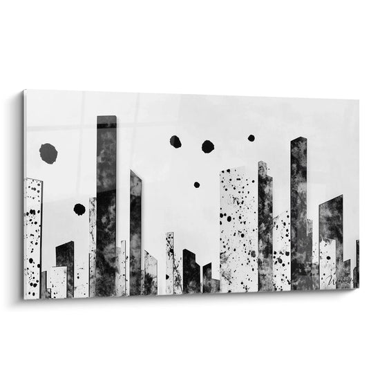 Tableau tacheté noir et blanc de Walensky représentant des silhouettes urbaines modernes