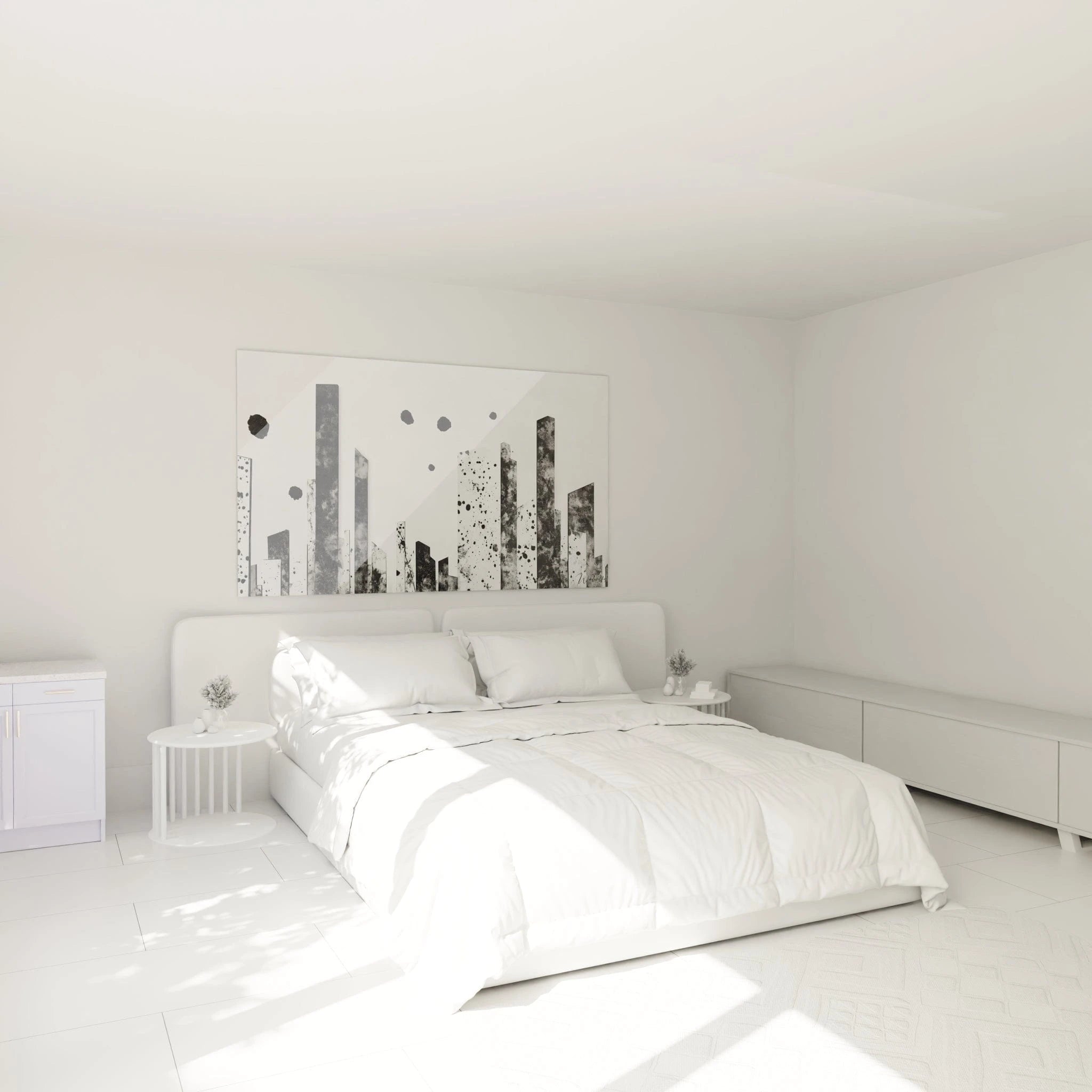 Tableau tacheté noir et blanc Walensky dans une chambre moderne au design épuré