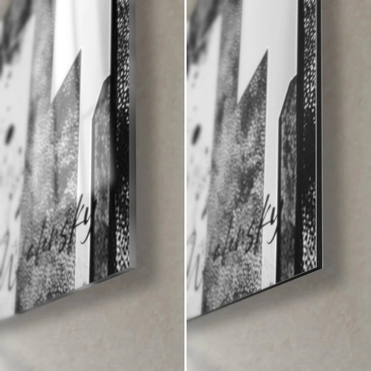 Wall art black and white building silhouettes, bottom right corner: glossy acrylic glass on the left, matte Dibond aluminium on the right, 3 mm edge