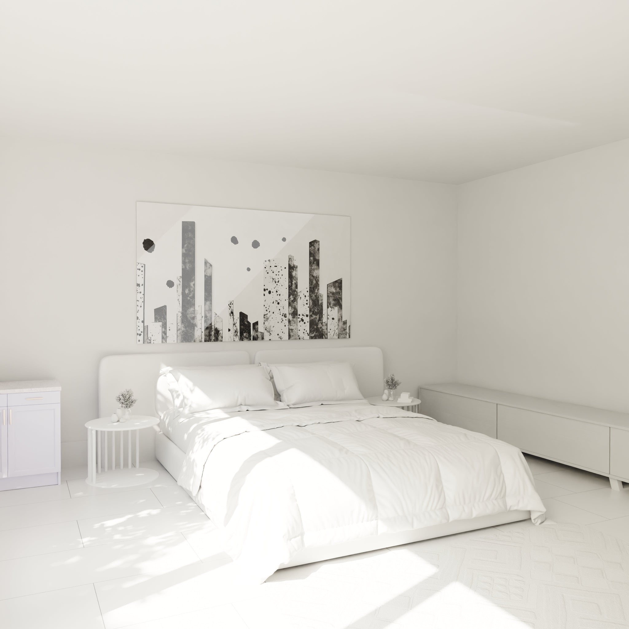 Tableau tacheté noir et blanc Walensky dans une chambre moderne au design épuré