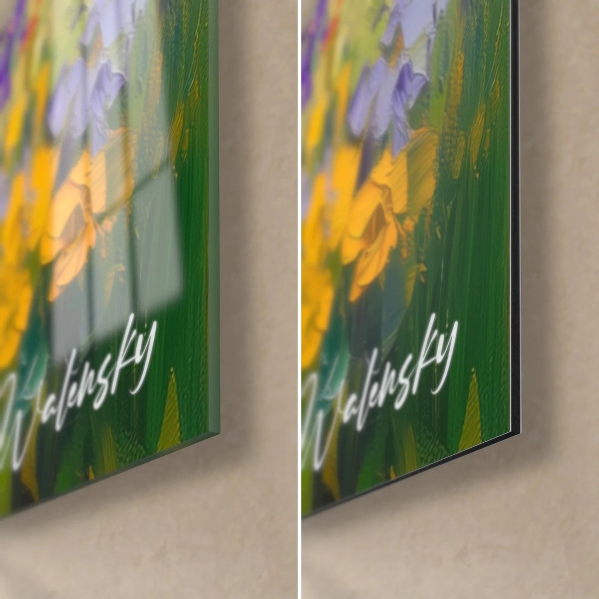 Schilderij van een geschilderde bergketen, rechtsonder met Walensky-signatuur, glanzend acrylglas links, mat Dibond rechts, rand van 3 mm