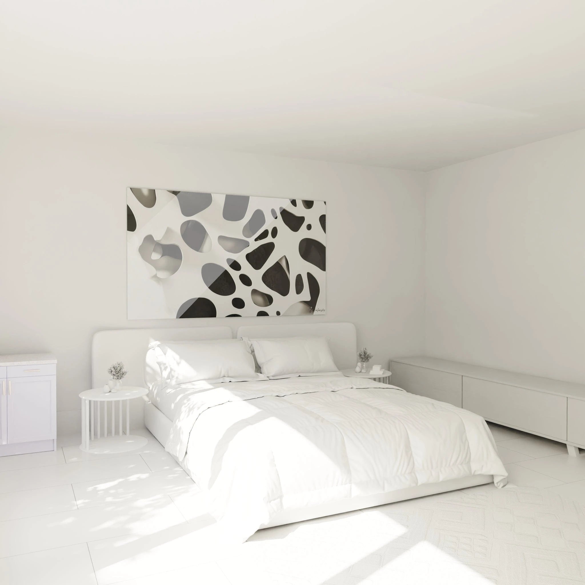 Tableau tacheté noir et blanc de Walensky offrant une touche moderne à une chambre minimaliste