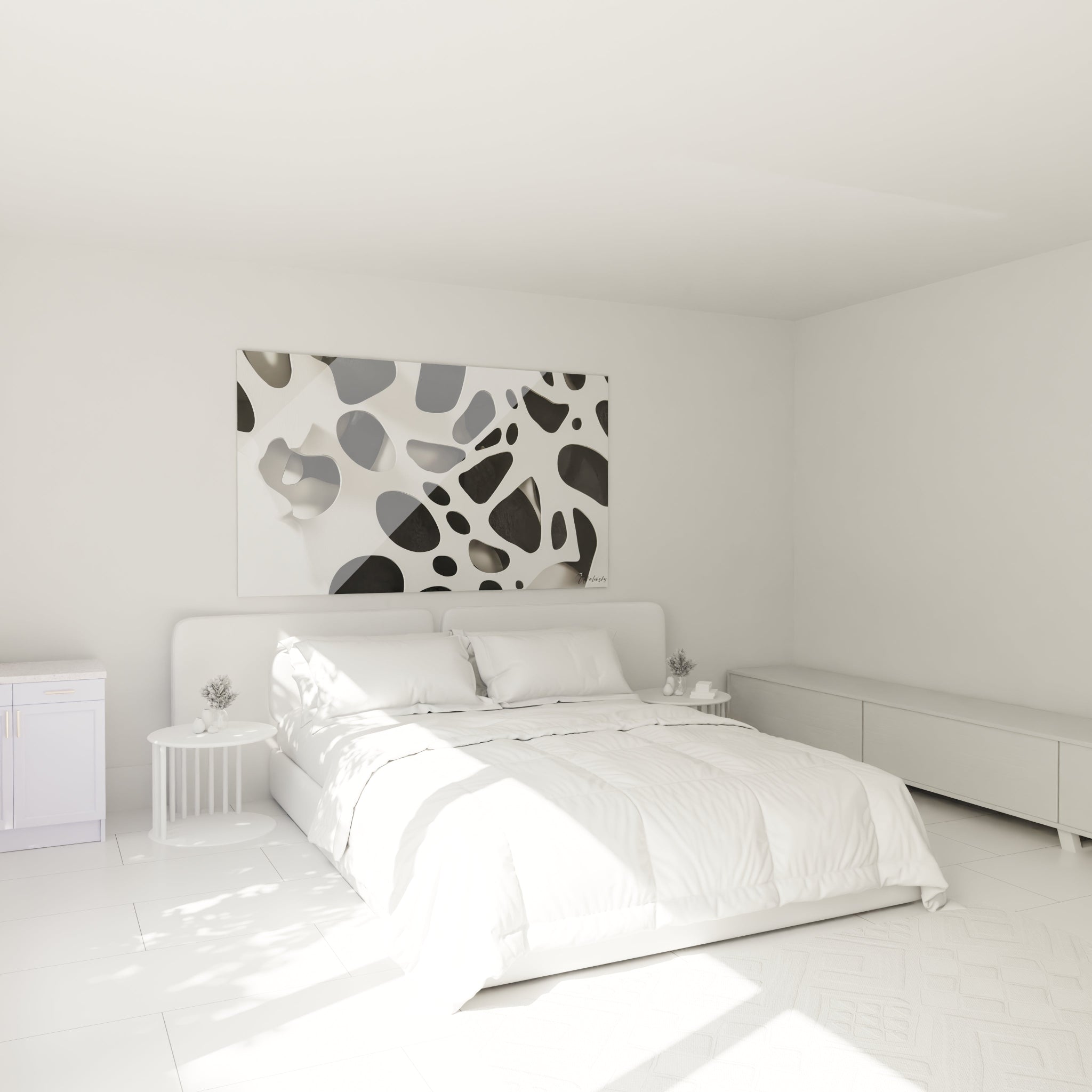 Tableau tacheté noir et blanc de Walensky offrant une touche moderne à une chambre minimaliste