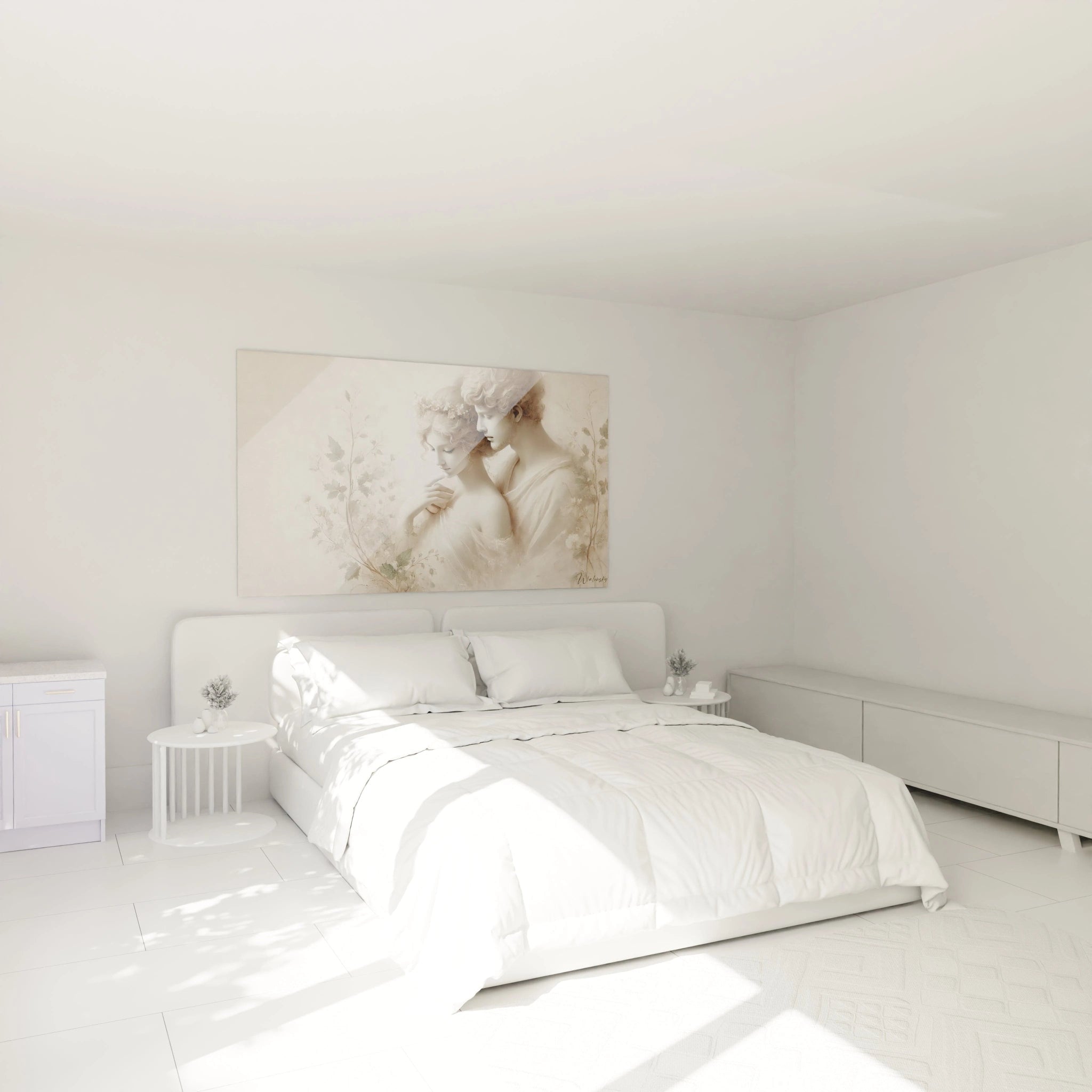 Ce tableau couple suspendu au-dessus du lit dans une chambre invite a la detente et a la contemplation avec ses tons apaisants et son style romantique.

