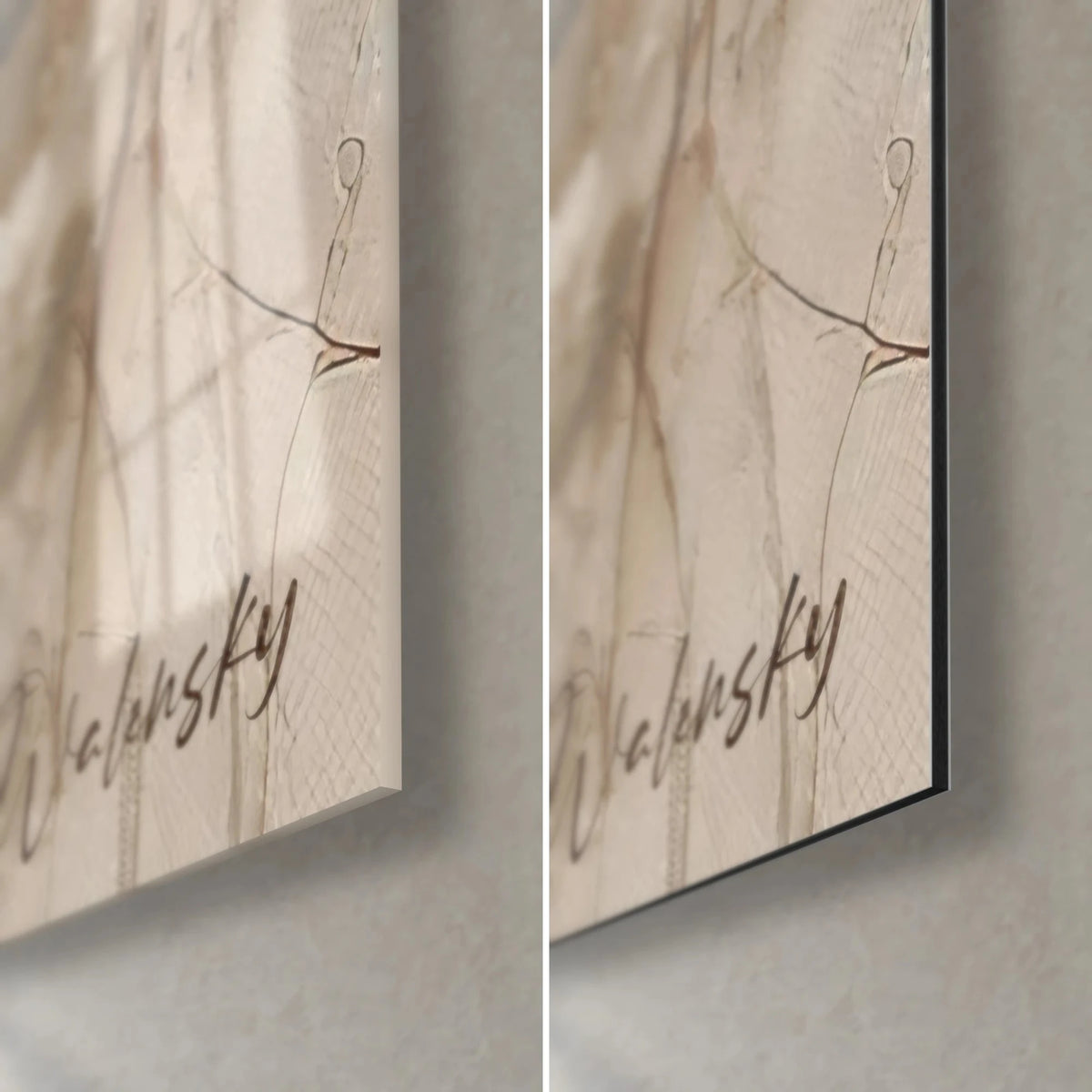 Gemälde Liebespaar in Elfenbein, Walensky-Signatur in Bronze auf Beige, glänzendes Glas unten rechts links, mattes Dibond rechts