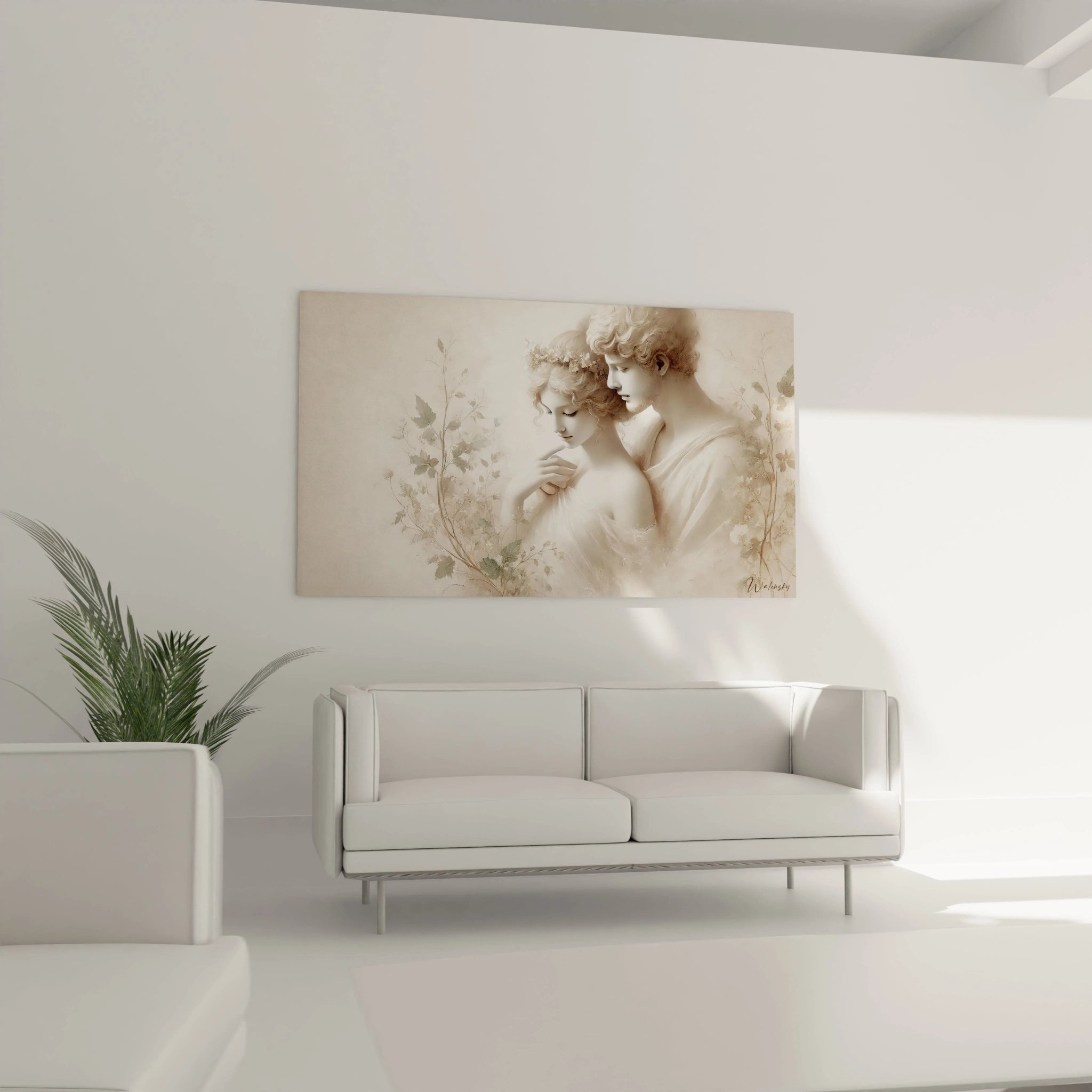 Dans un salon, ce tableau couple au-dessus du canapé ajoute chaleur et elegance, transformant l'espace en un refuge de tendresse.

