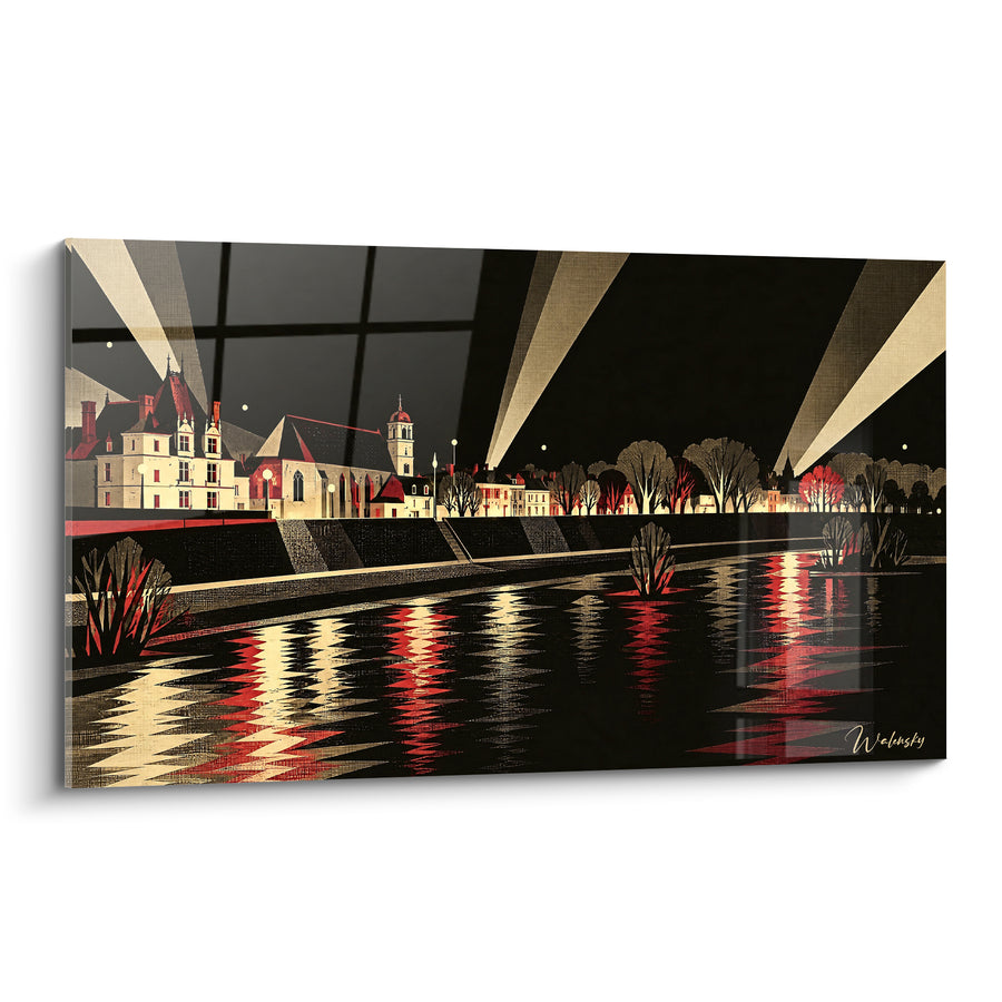 Painting Nocturnal Castle with Red and Black Reflections - Vigil Over the Loire - Amboise Edition, Centre-Val de Loire, France