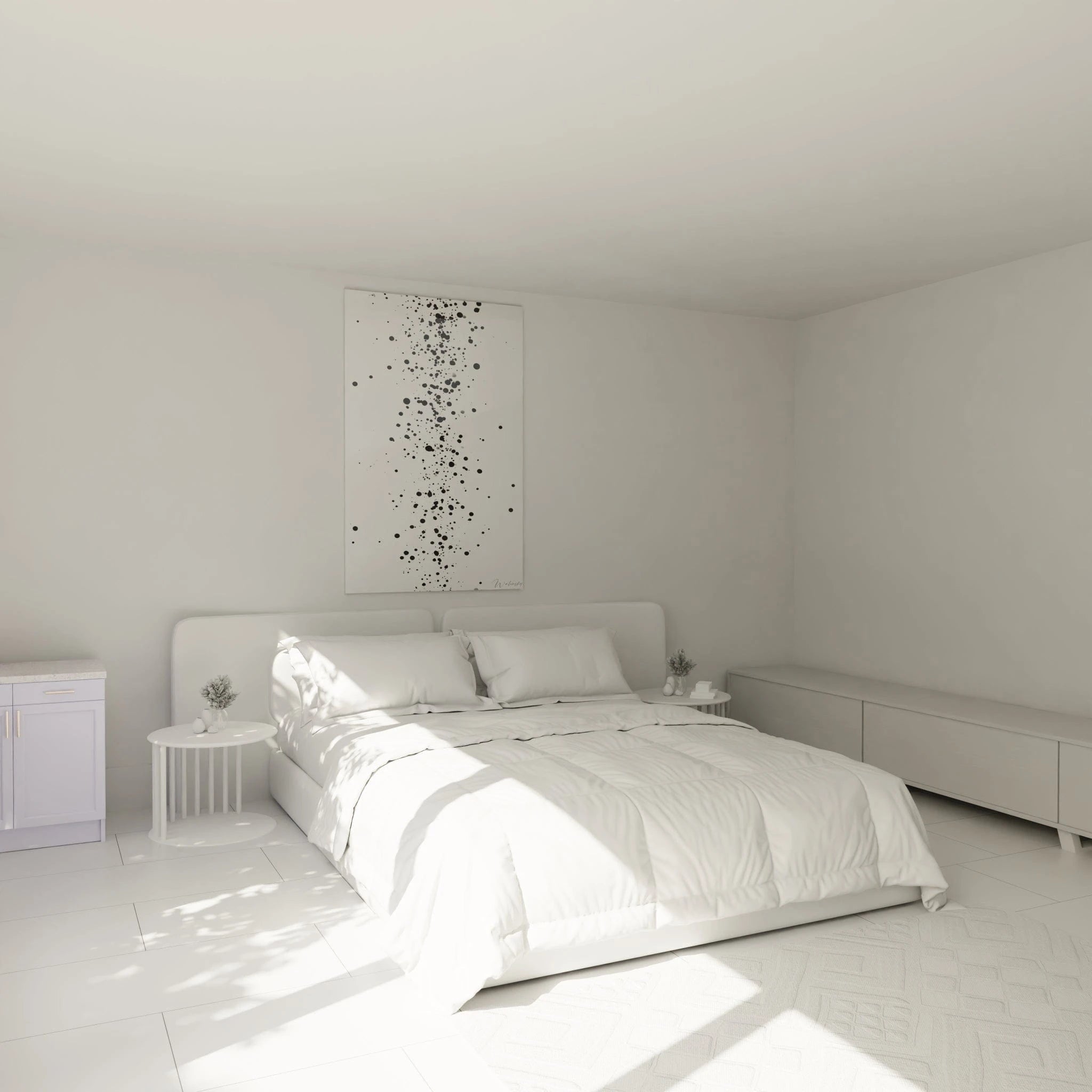 Tableau tacheté noir et blanc de Walensky accroché dans une chambre lumineuse et moderne
