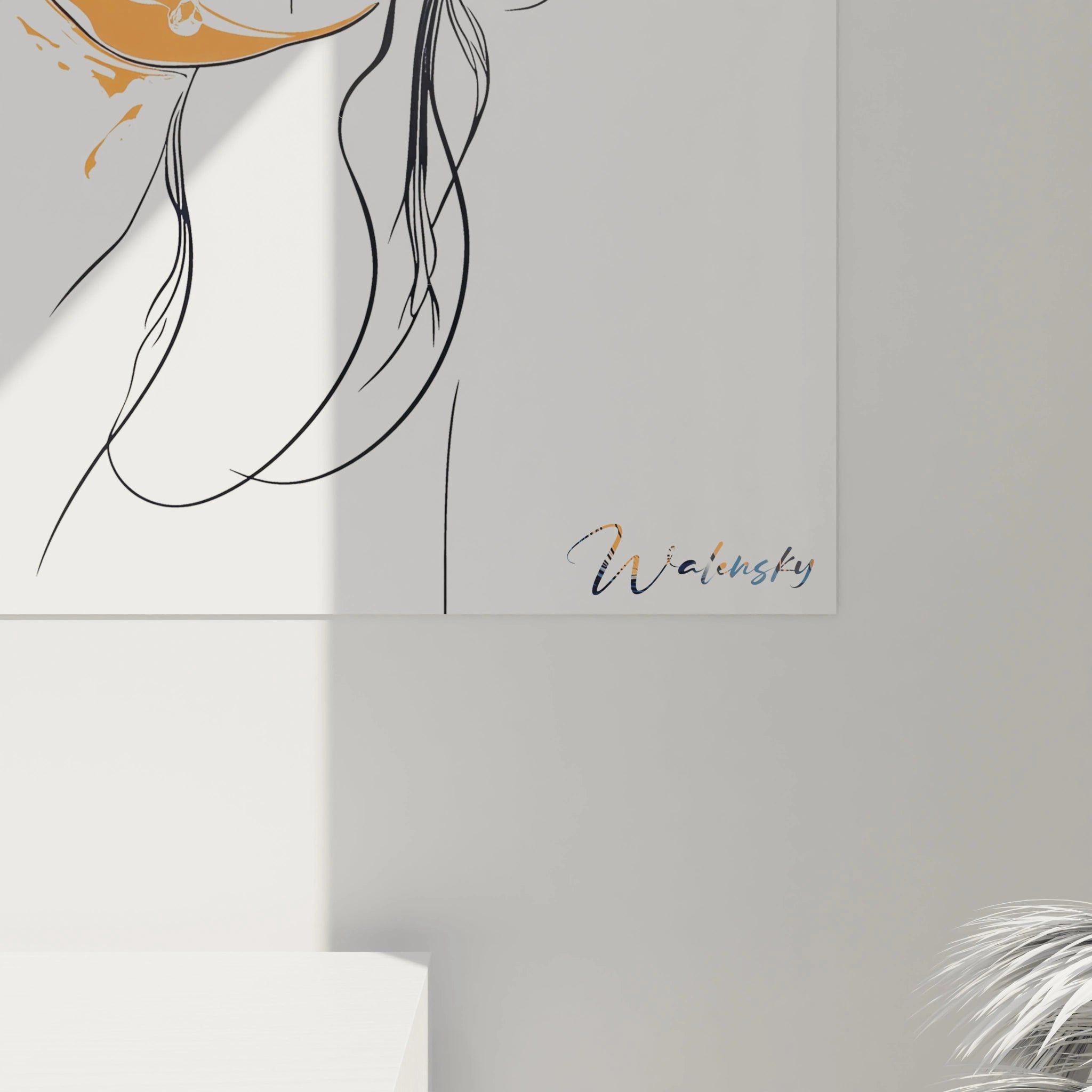 Un tableau visage abstrait expressif associant la finesse du trait à des touches de couleur vibrantes, où le regard bleu profond et les lèvres délicatement dessinées contrastent avec le blanc lumineux du fond.
