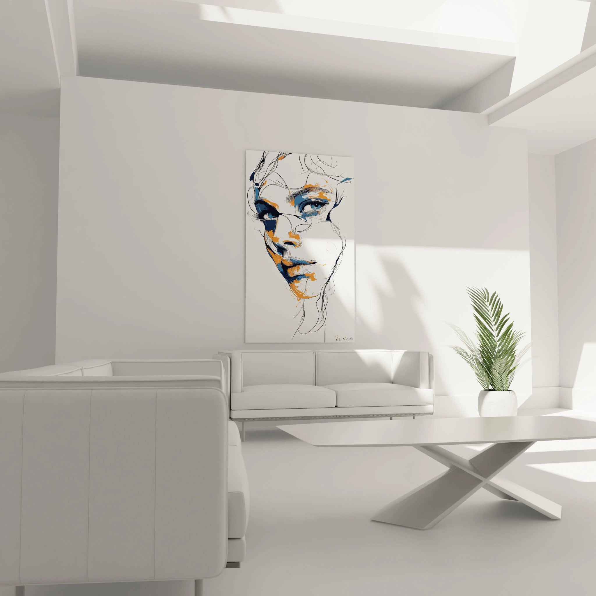 Un tableau visage abstrait contemporain alliant traits fins noirs et aplats de couleurs complémentaires bleu et orange, créant un portrait fragmenté avec un œil magnifiquement détaillé comme point focal.
