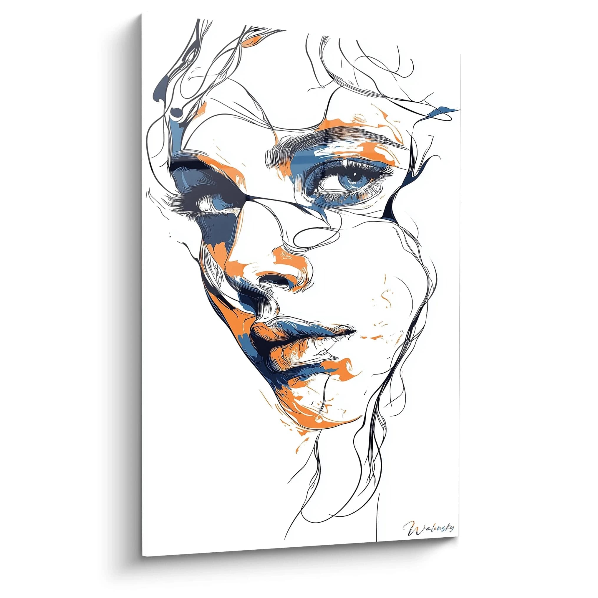 Un tableau visage abstrait composé de lignes noires fluides et de touches de couleur bleu marine et orange vif sur fond blanc, représentant un visage féminin expressif aux traits partiellement déconstruits.
