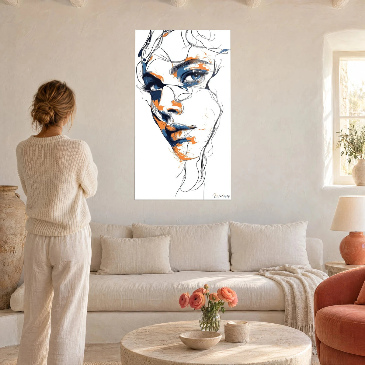 Tableau portrait de femme au trait noir, taches orange et bleu marine, femme de dos, au-dessus d'un canapé dans un salon lumineux