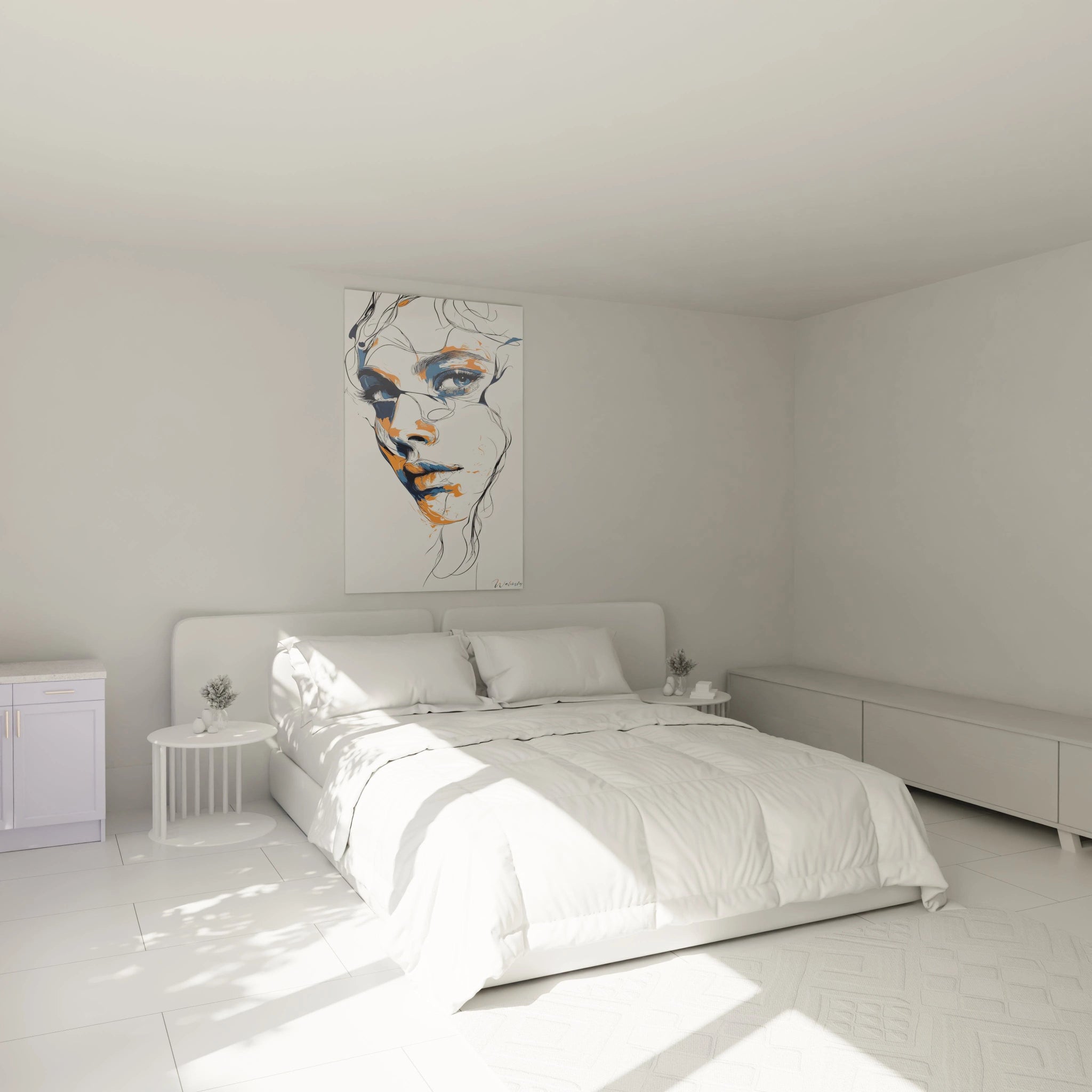Un tableau visage abstrait minimaliste aux lignes épurées, présentant un portrait de femme avec un regard intensément détaillé en bleu, contrastant avec des zones orange vibrantes et des espaces négatifs blancs.
